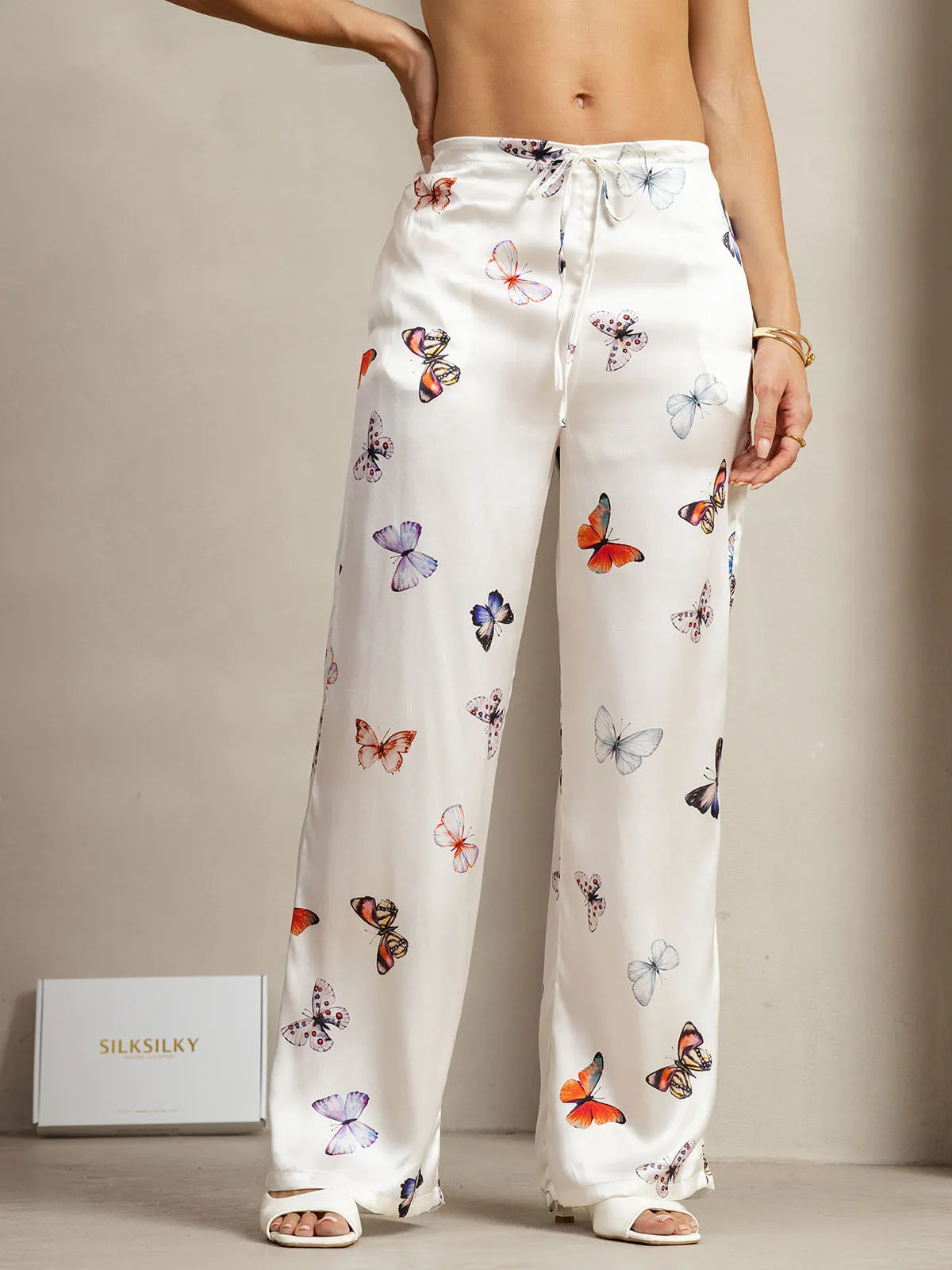 19Momme Silk White Butterfly Print Wide Leg Women's Pants With Side Pockets Design sold by SilkSilky product image thumbnail 3
