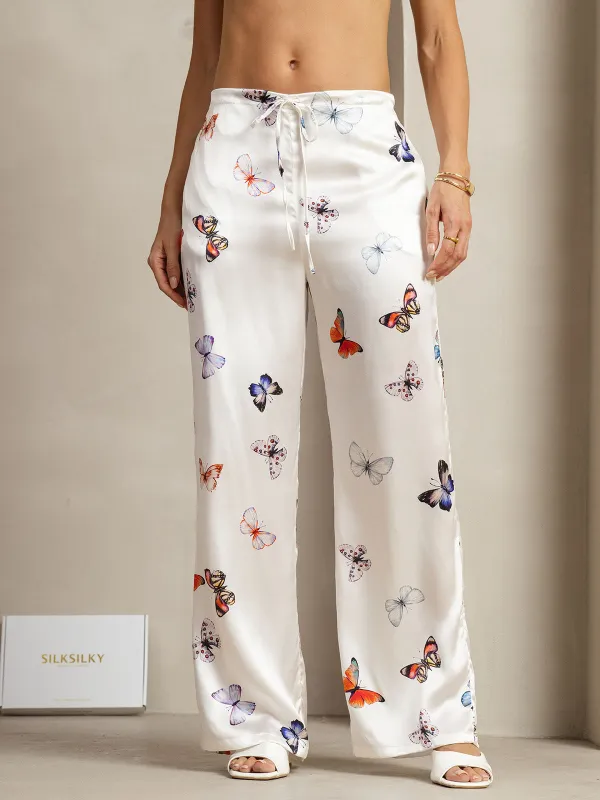 19Momme Silk Wide Leg White Butterfly Women's Pants With Side Pockets Design sold by SilkSilky