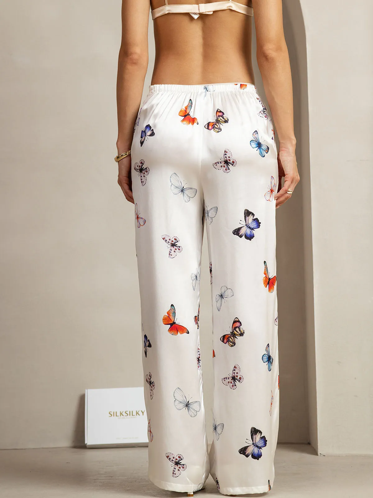 19Momme Silk White Butterfly Print Wide Leg Women's Pants With Side Pockets Design sold by SilkSilky product image thumbnail 2