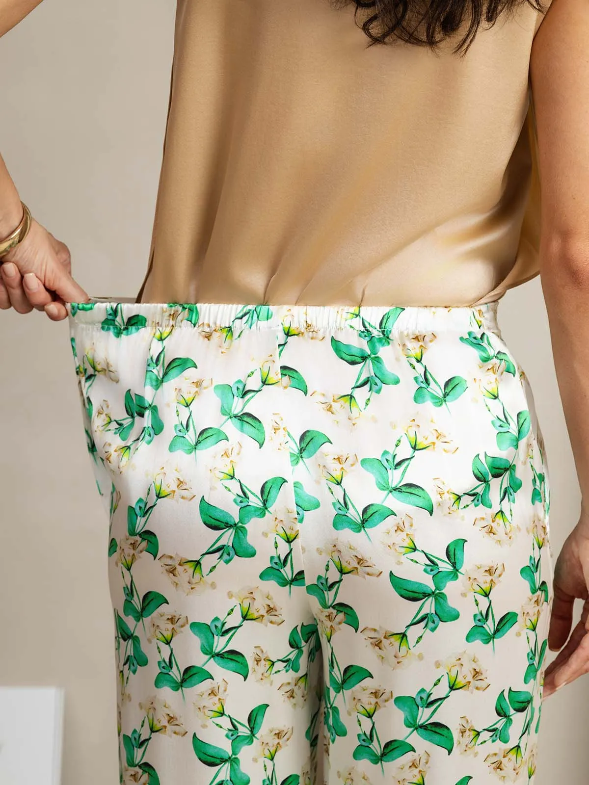 19Momme Silk Green Floral Print Wide Leg Women's Pants With Side Pockets Design sold by SilkSilky product image thumbnail 5