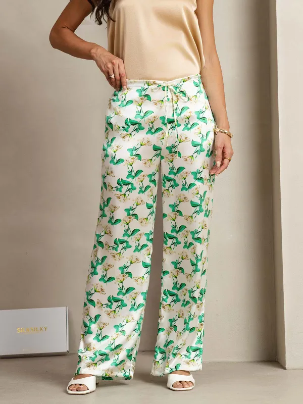 19Momme Silk Wide Leg Green Floral Women's Pants With Side Pockets Design sold by SilkSilky