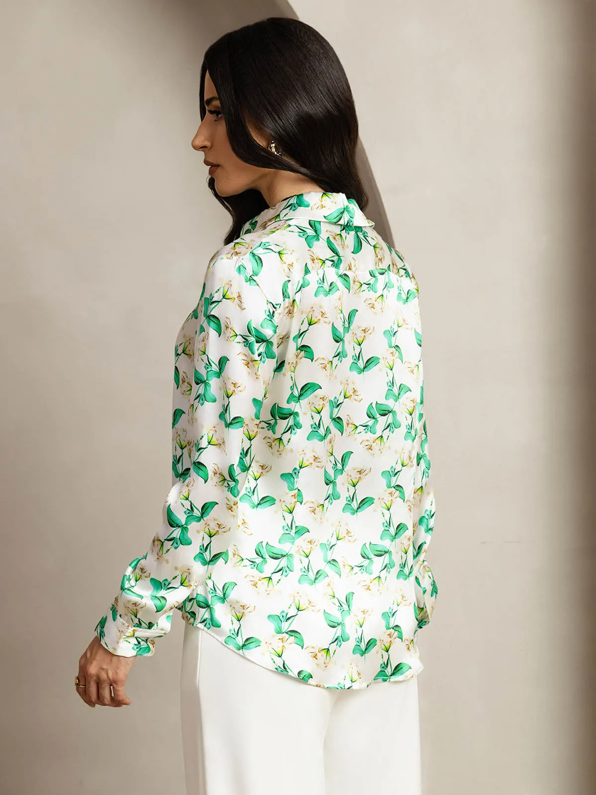 19Momme Silk Long Sleeve Lapel Collar Green Floral Women's Shirt sold by SilkSilky product image thumbnail 2