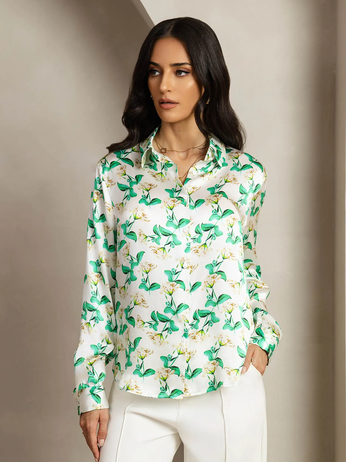 19Momme Silk Long Sleeve Lapel Collar Green Floral Women's Shirt sold by SilkSilky product image thumbnail 5