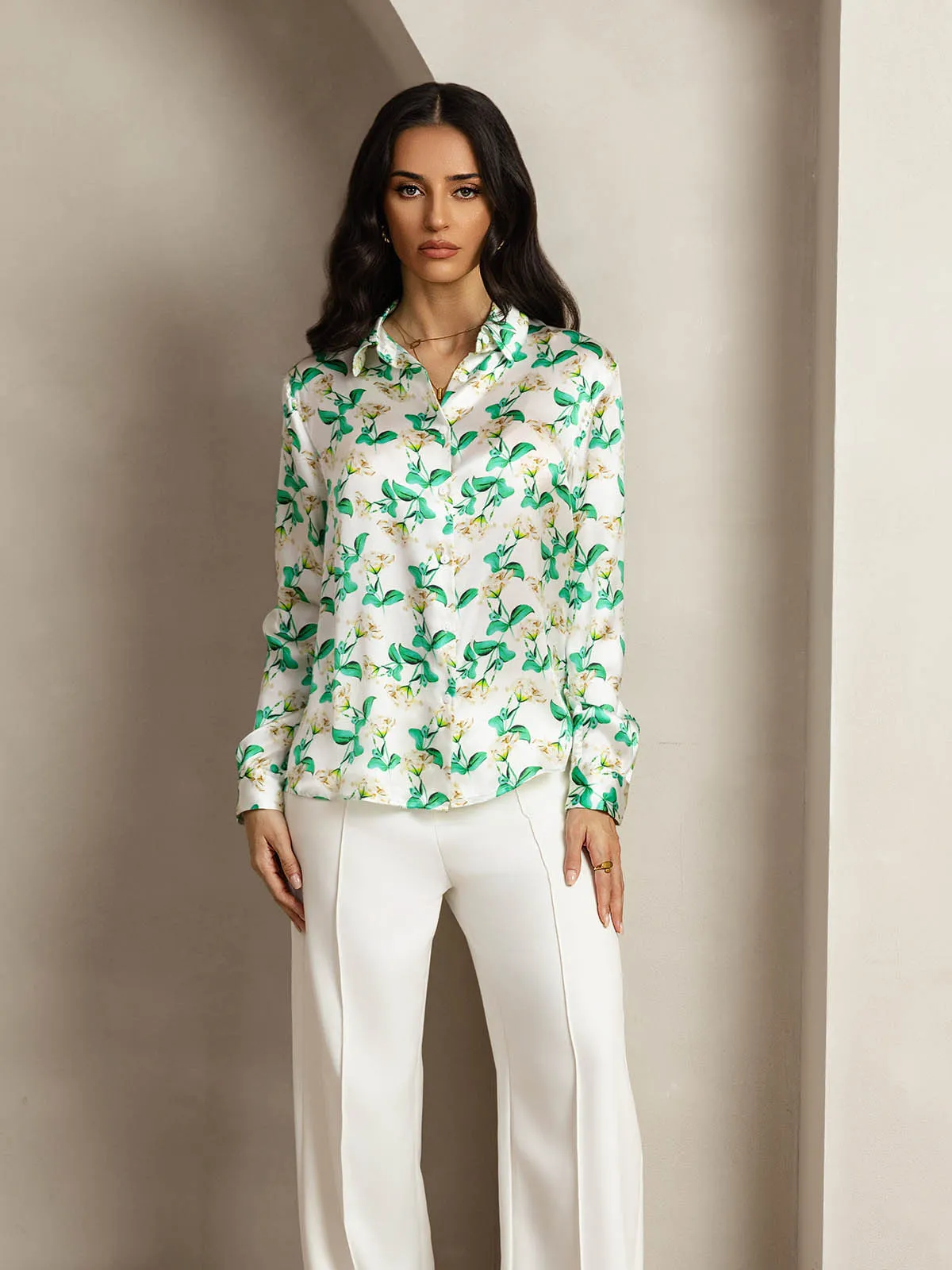 19Momme Silk Long Sleeve Lapel Collar Green Floral Women's Shirt sold by SilkSilky product image thumbnail 3