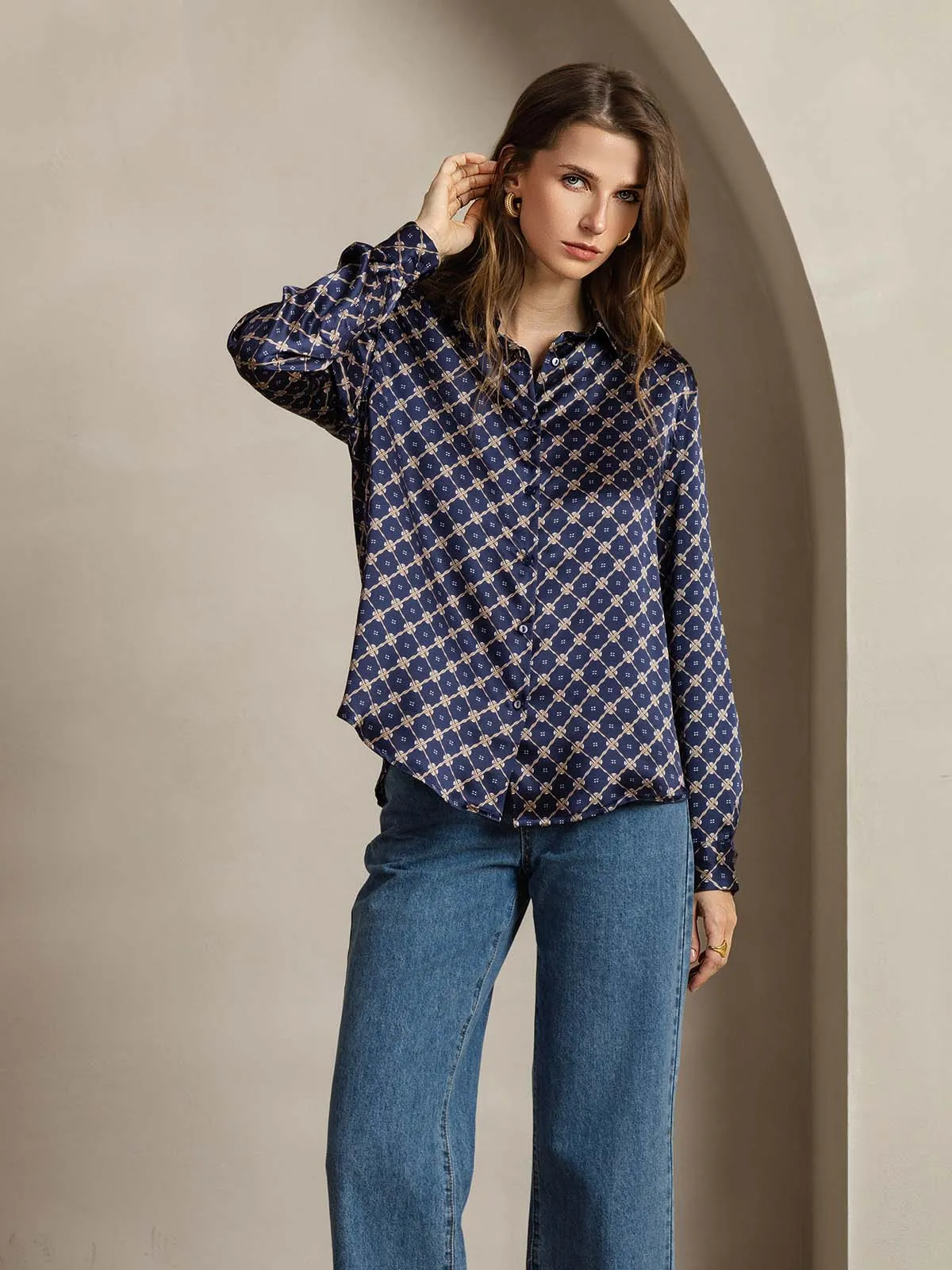 19Momme Silk Long Sleeve Lapel Collar Navy Chain Women's Shirt sold by SilkSilky product image thumbnail 5