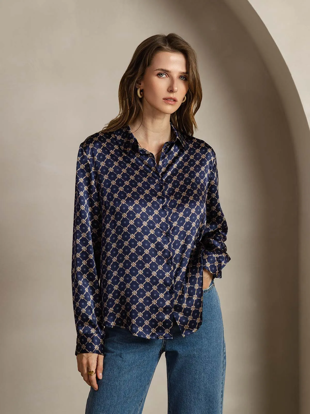 19Momme Silk Long Sleeve Lapel Collar Navy Chain Women's Shirt sold by SilkSilky