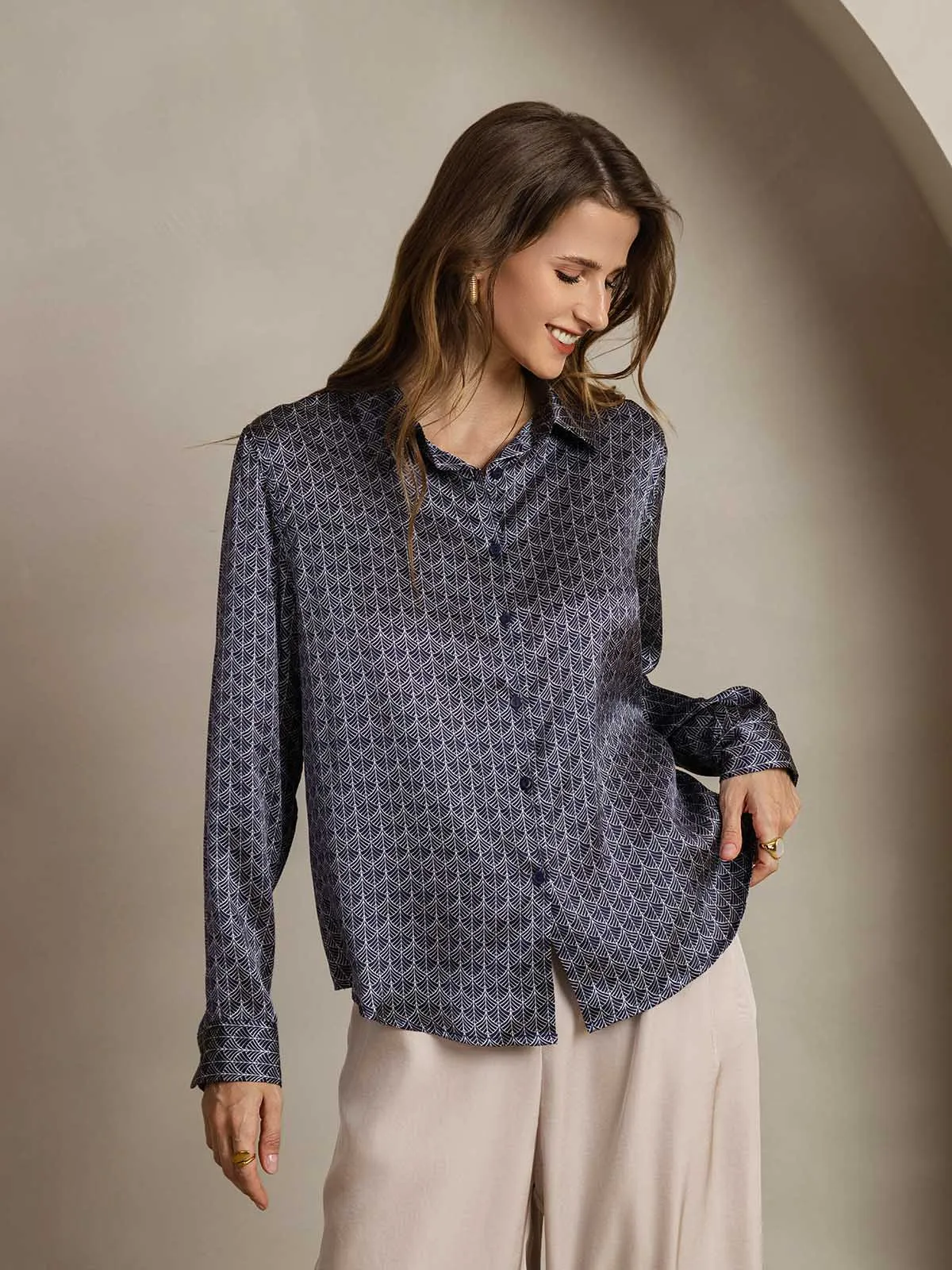 19Momme Silk Long Sleeve Lapel Collar Navy Ginkgo Women's Shirt sold by SilkSilky product image thumbnail 5