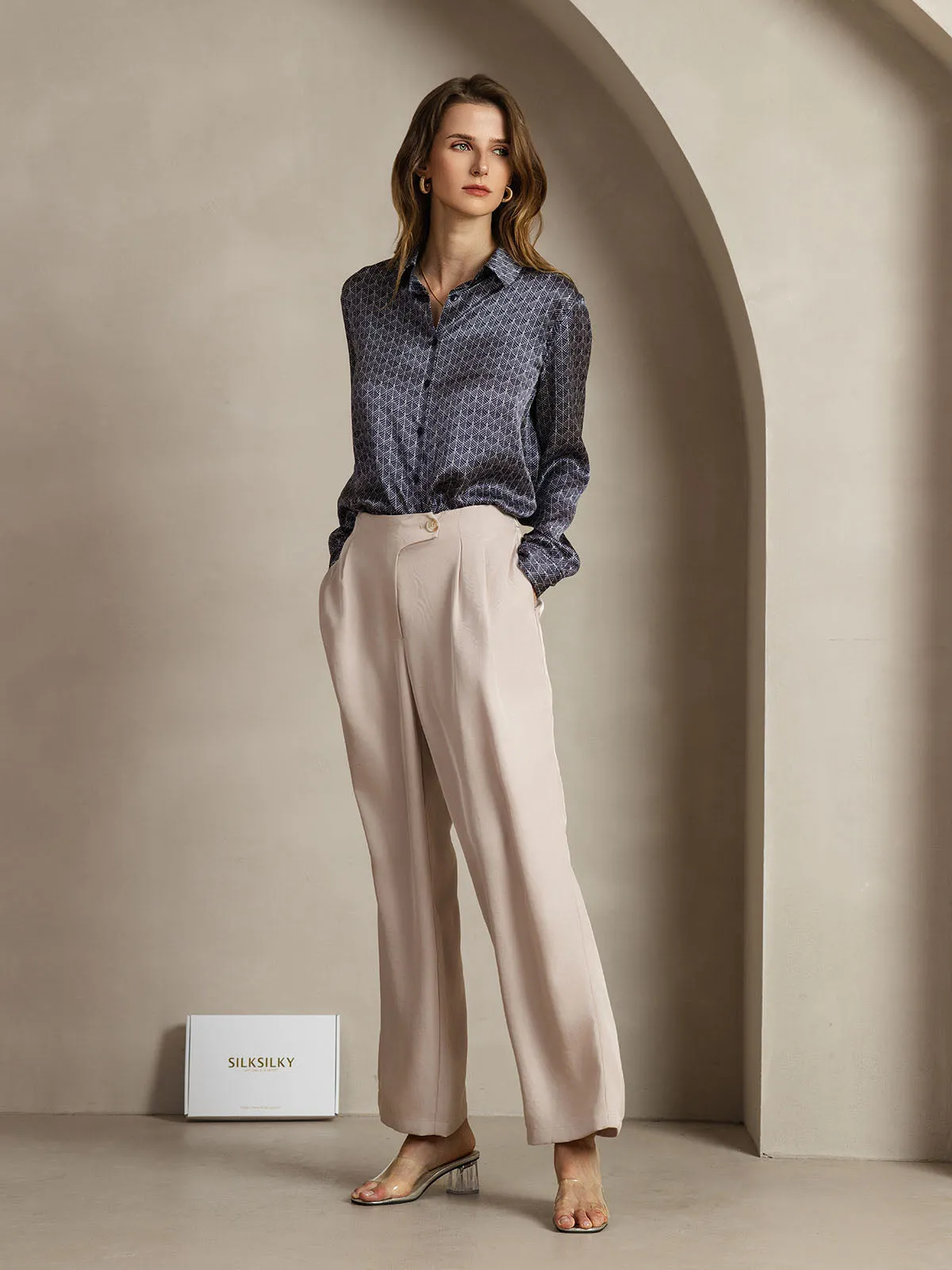 19Momme Silk Long Sleeve Lapel Collar Navy Ginkgo Women's Shirt sold by SilkSilky product image thumbnail 3