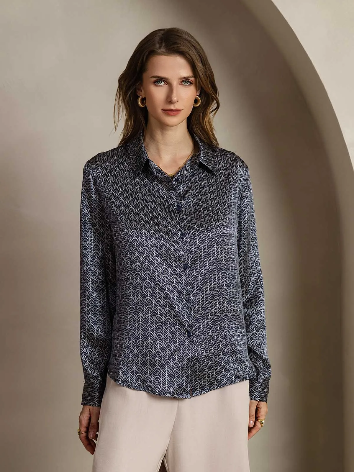 19Momme Silk Long Sleeve Lapel Collar Navy Ginkgo Women's Shirt sold by SilkSilky