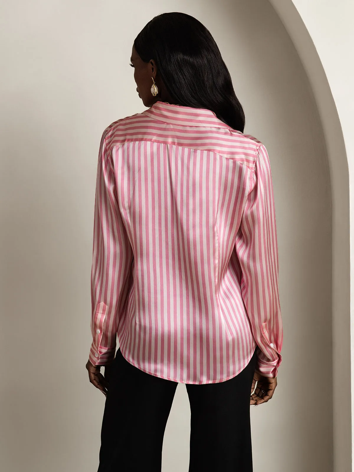 19Momme Silk Stripe Print Long Sleeve Lapel Collar Women's Shirt sold by SilkSilky product image thumbnail 2