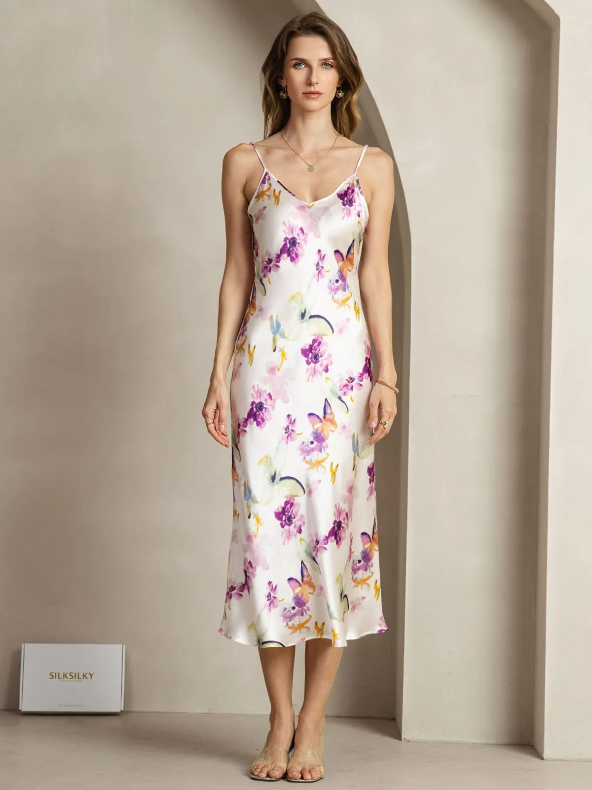 19Momme Silk Watercolor Floral Print V Neck Adjustable Strap Midi Dress sold by SilkSilky
