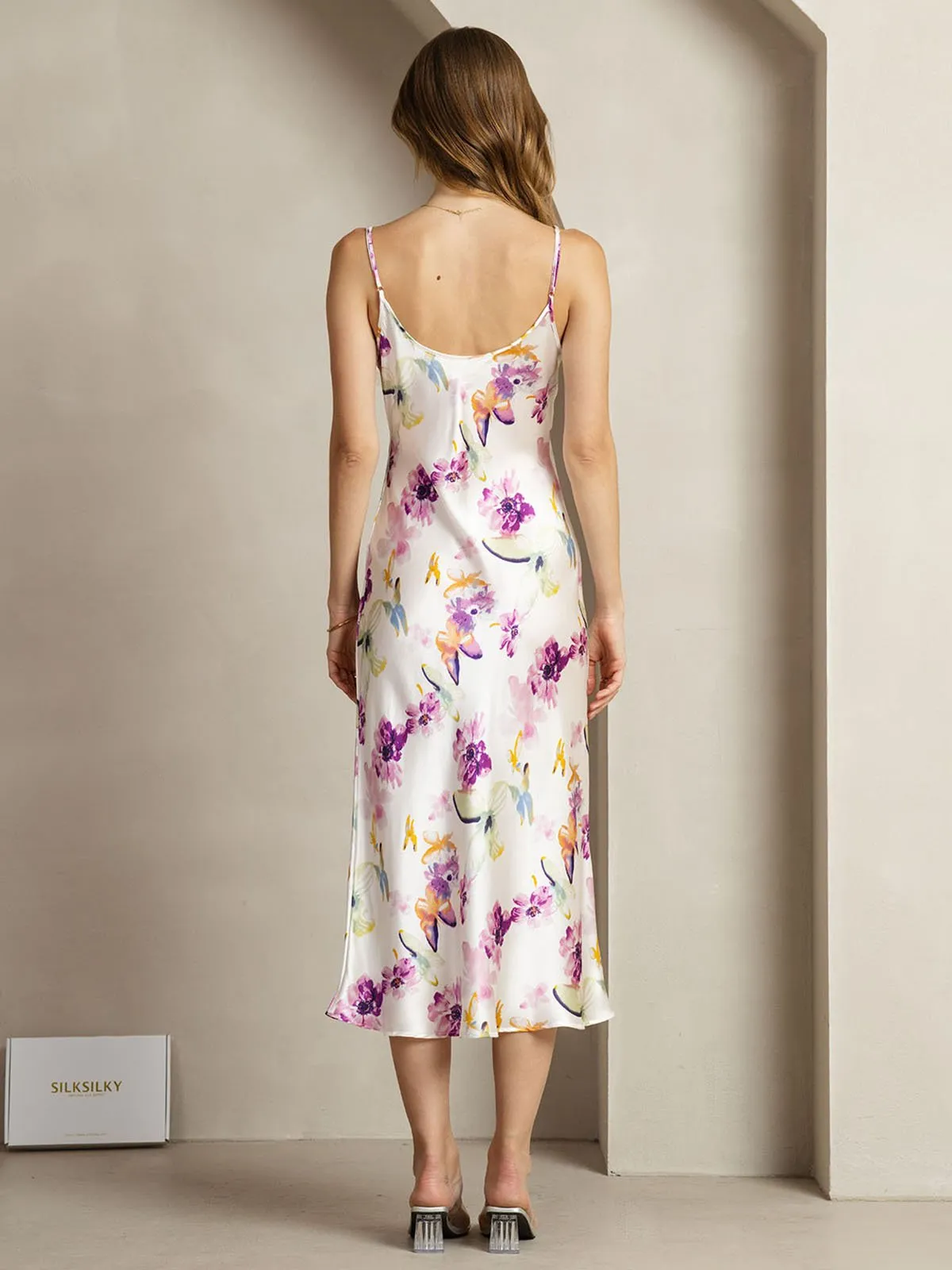 19Momme Silk Watercolor Floral Print V Neck Adjustable Strap Midi Dress sold by SilkSilky product image thumbnail 2