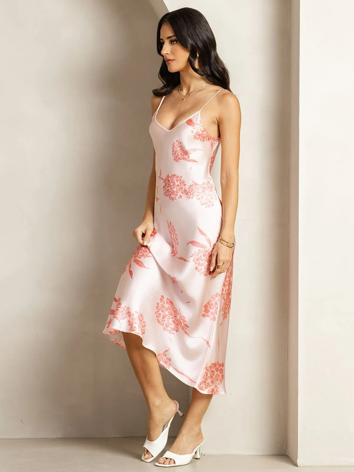 19Momme Silk Coral Floral Print V Neck Adjustable Strap Midi Dress sold by SilkSilky product image thumbnail 4