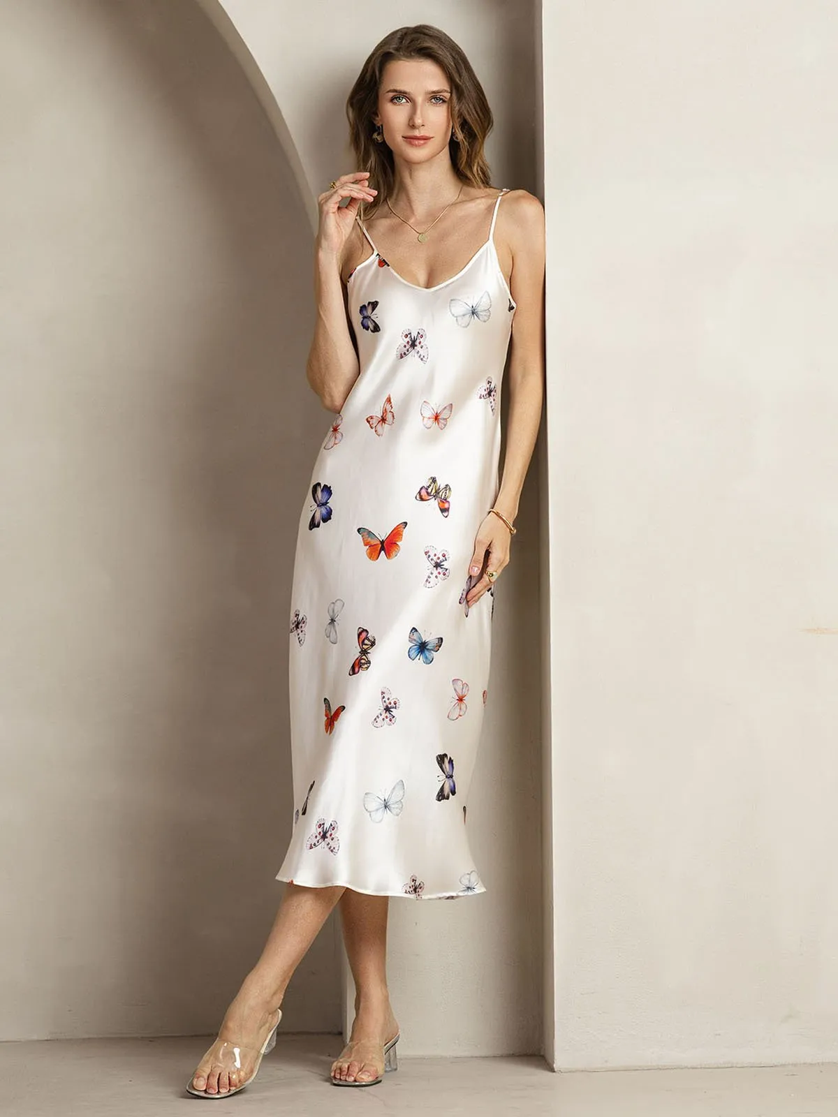 19Momme Silk White Butterfly Print V Neck Adjustable Strap Midi Dress sold by SilkSilky product image thumbnail 4