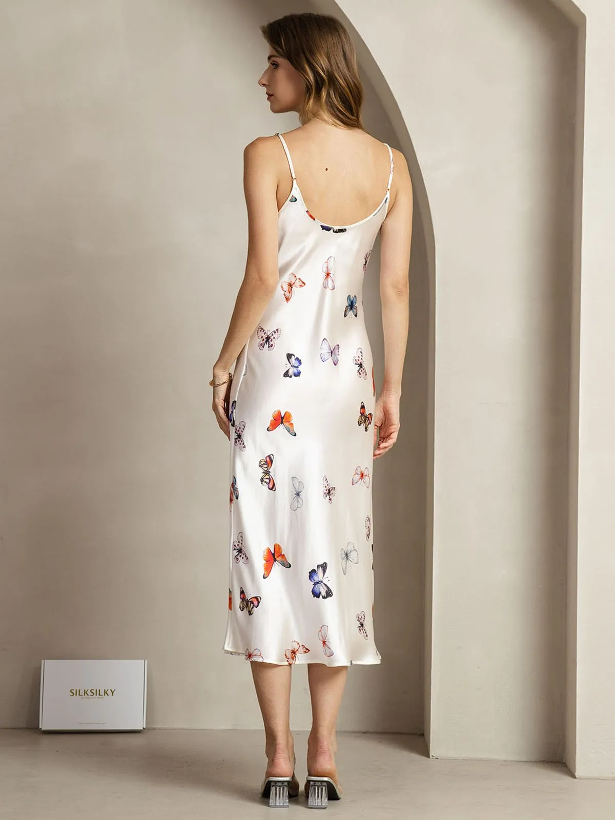 19Momme Silk White Butterfly Print V Neck Adjustable Strap Midi Dress sold by SilkSilky product image thumbnail 2