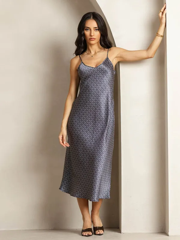 19Momme Silk Navy Ginkgo Print V Neck Adjustable Strap Midi Dress sold by SilkSilky