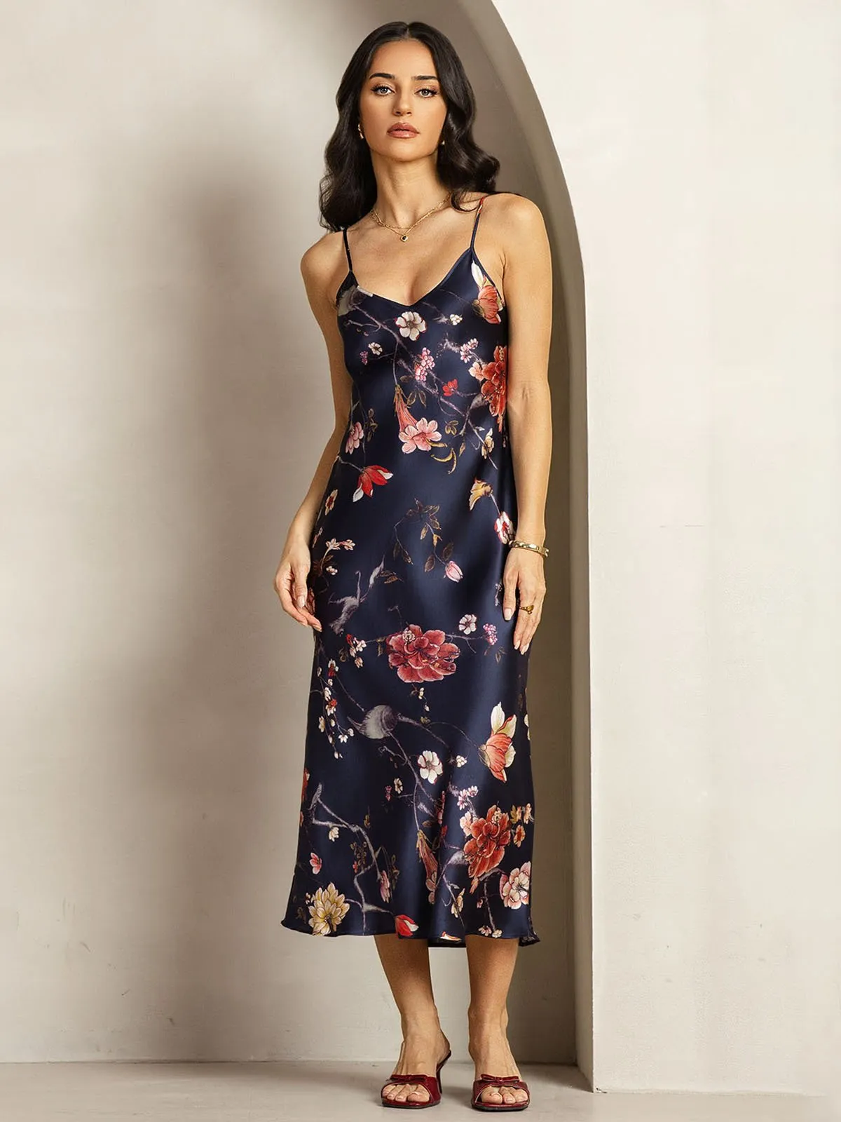 19Momme Silk Navy Floral Print V Neck Adjustable Strap Midi Dress sold by SilkSilky