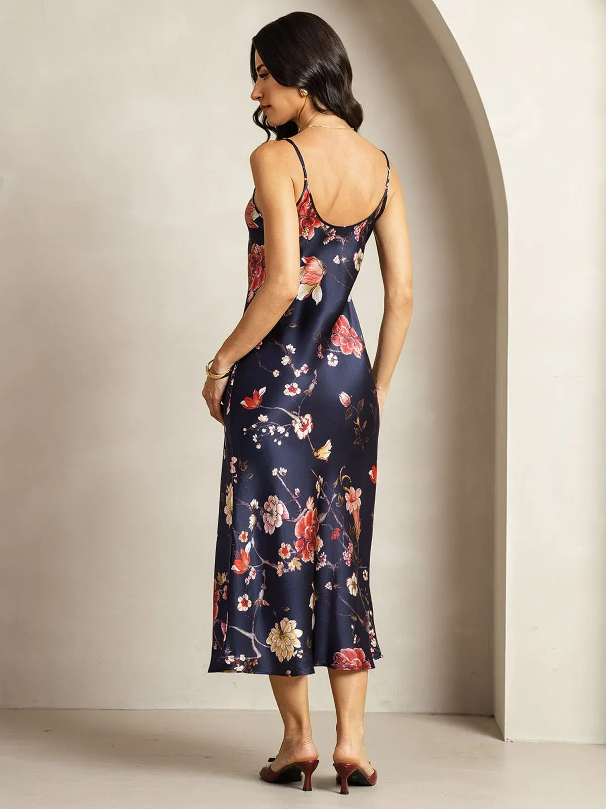 19Momme Silk Navy Floral Print V Neck Adjustable Strap Midi Dress sold by SilkSilky product image thumbnail 2
