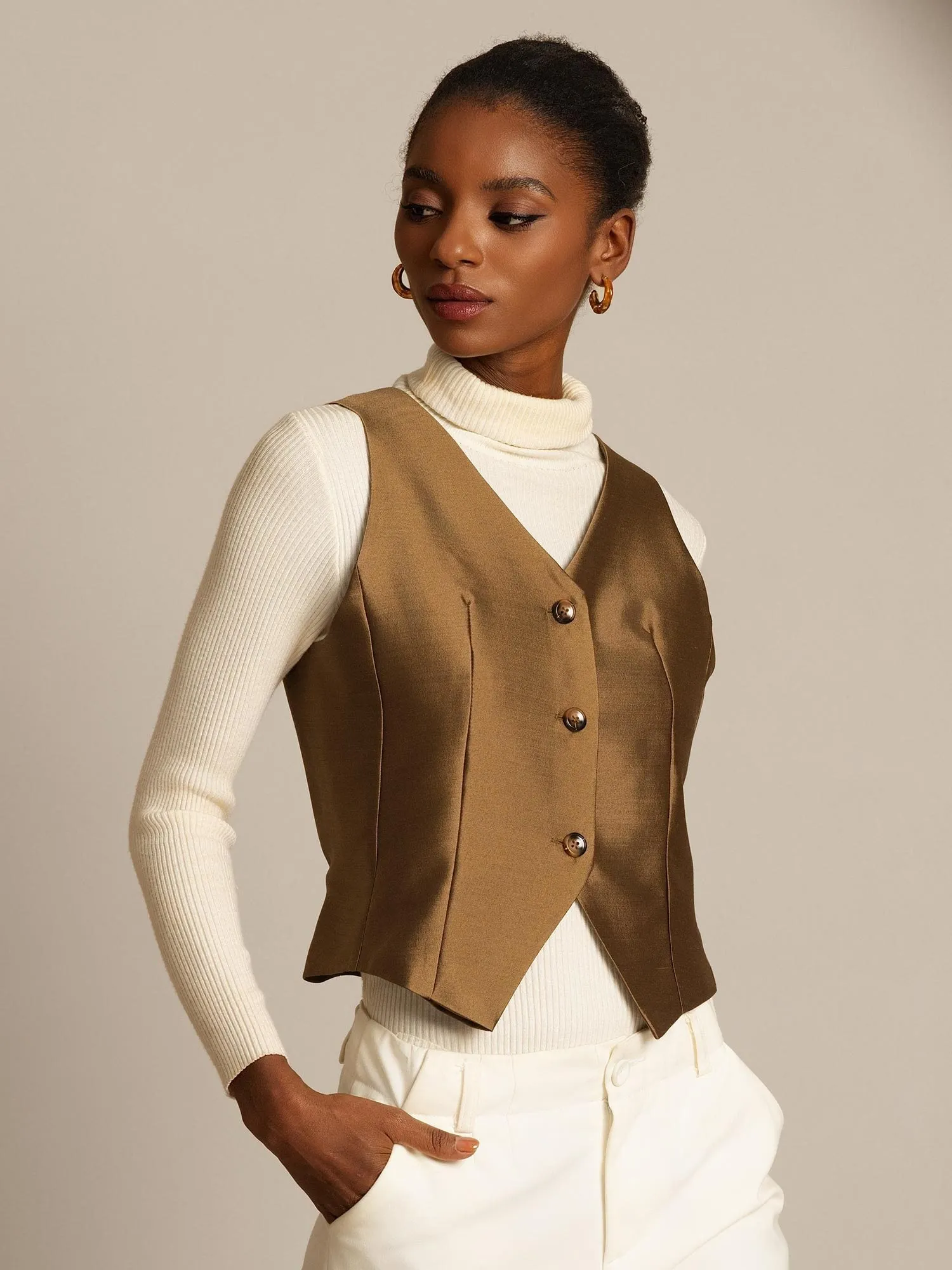 32Momme Silk-Wool Blend Women's V Neck Vest with Button Design sold by SilkSilky product image thumbnail 3