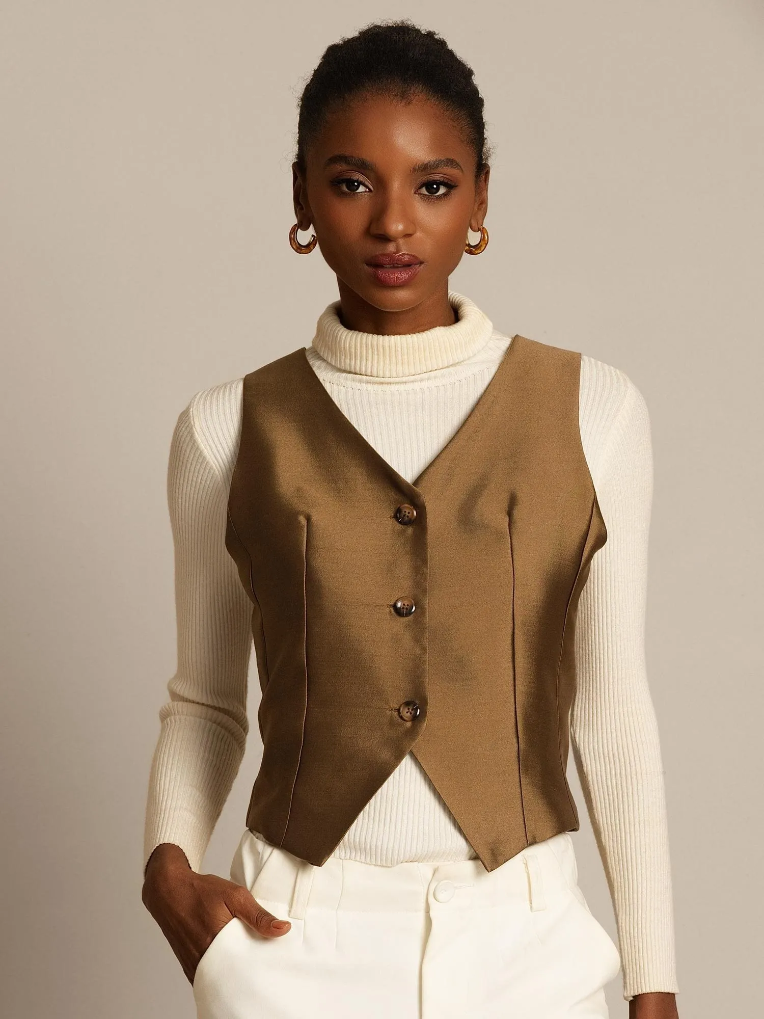 32Momme Silk-Wool Blend Women's V Neck Vest with Button Design sold by SilkSilky