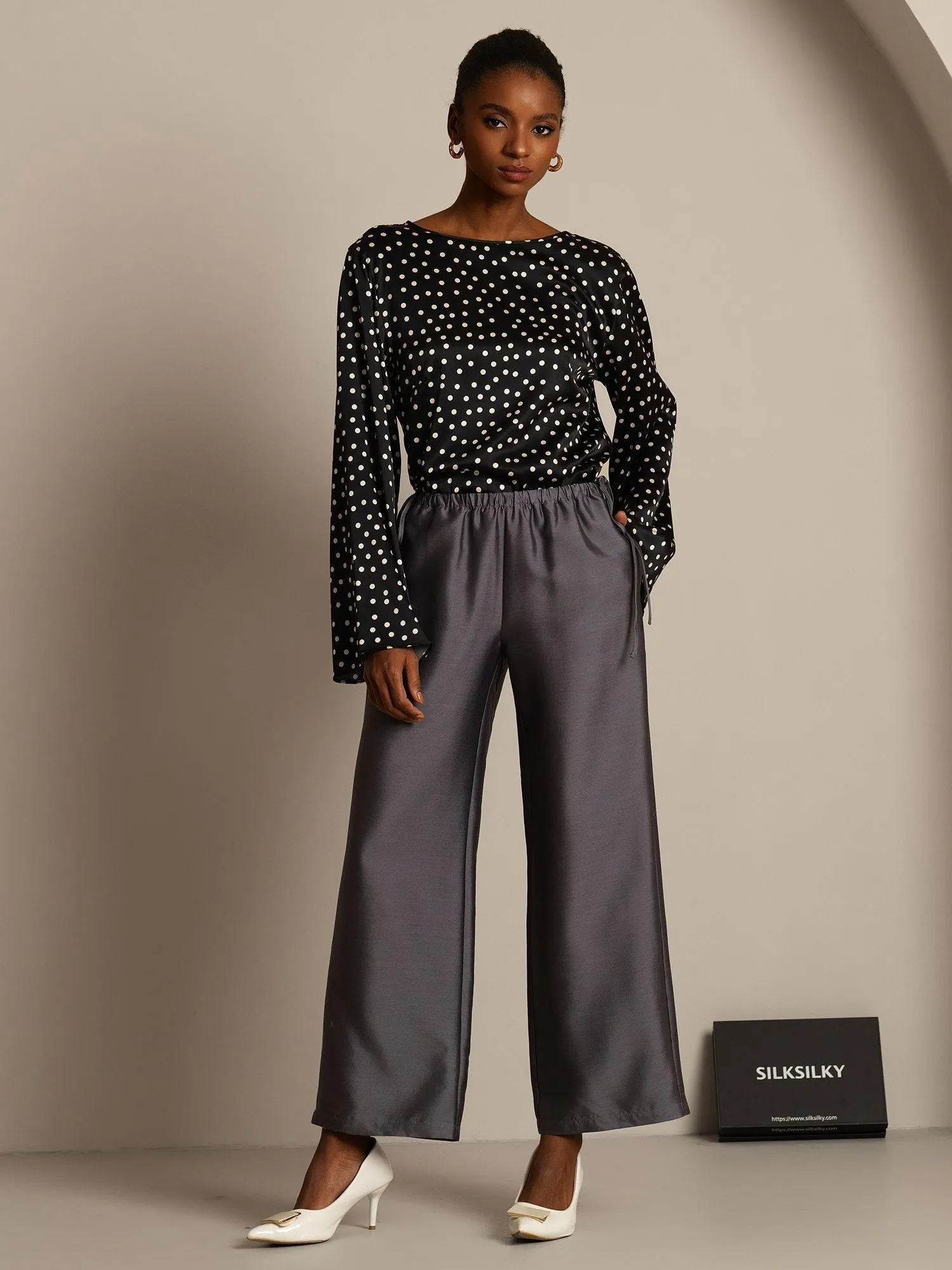 32Momme Silk-Wool Blend Straight Fit Women's Pants with Drawstring Side Pockets Design sold by SilkSilky product image thumbnail 3