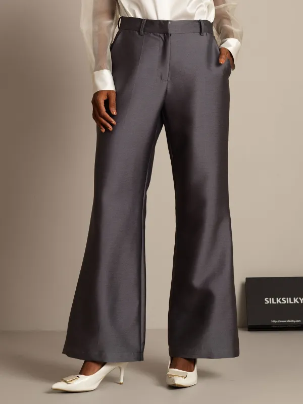 32Momme Silk-Wool Blend High Waist Micro-horn Wide Leg Women's Pants with Side Pockets  Design sold by SilkSilky