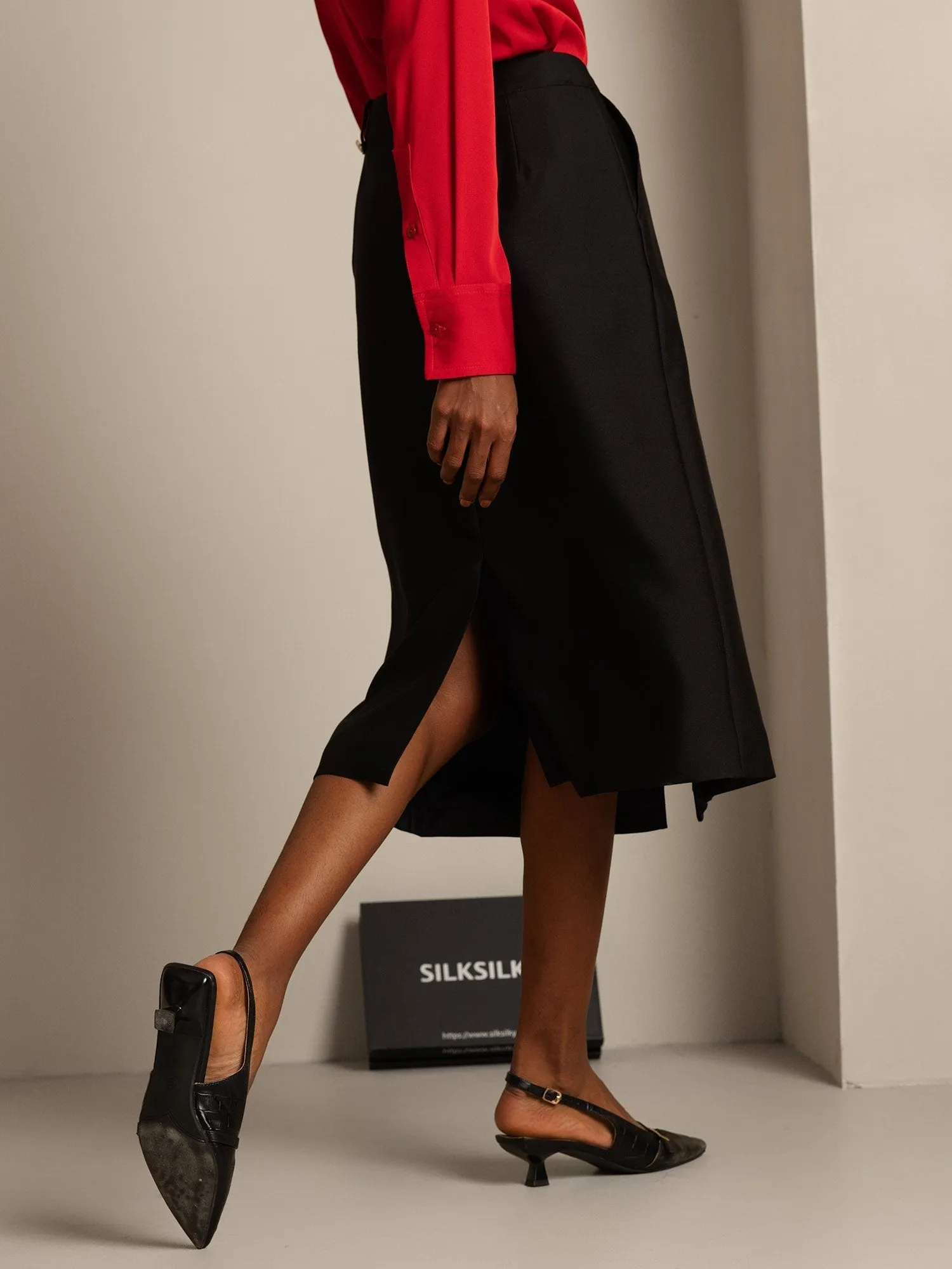 32Momme Silk-Wool Blend A Line Midi Skirt with Zipper Fully Lined Deign sold by SilkSilky product image thumbnail 2