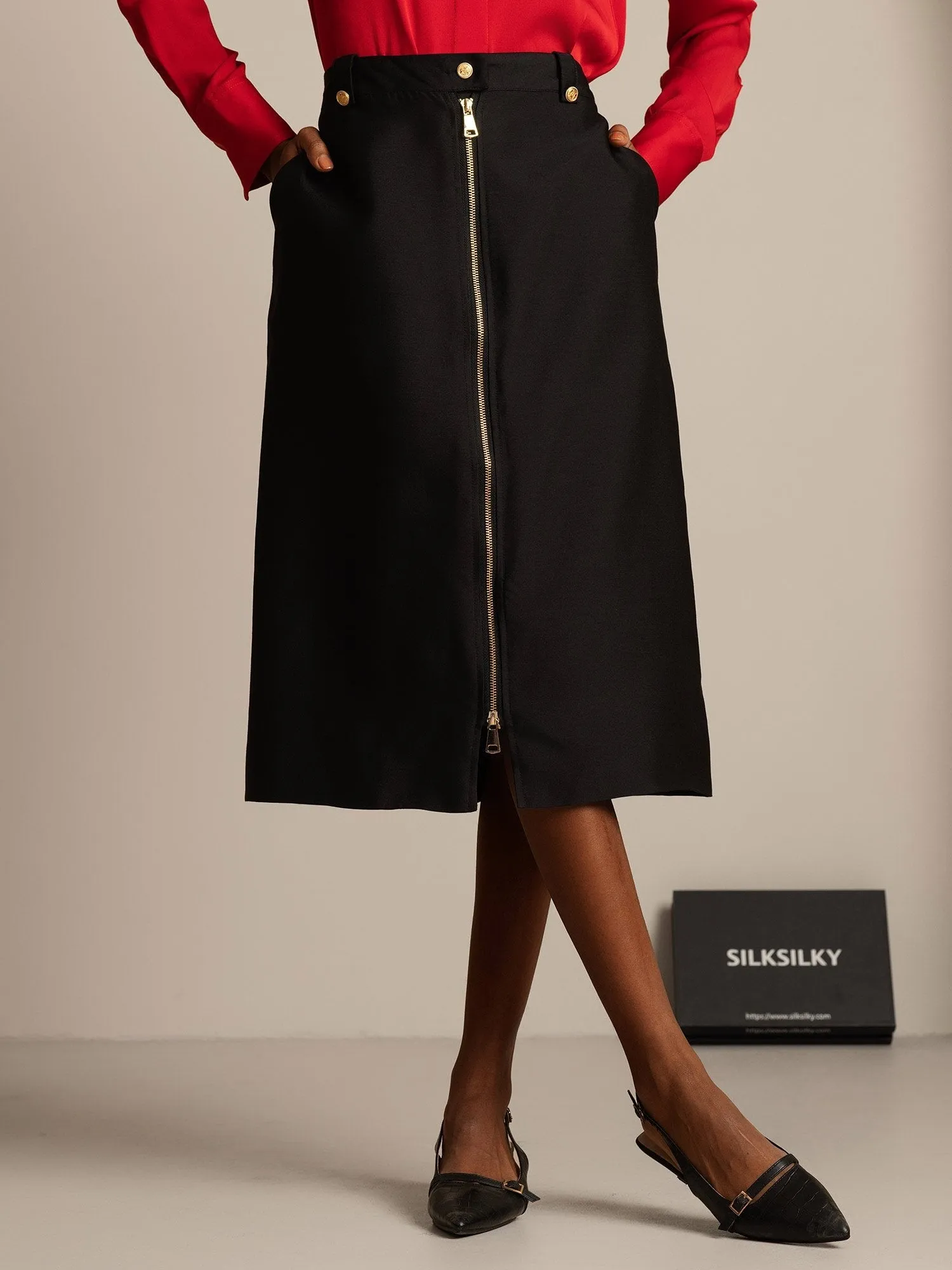 32Momme Silk-Wool Blend A Line Midi Skirt with Zipper Fully Lined Deign sold by SilkSilky