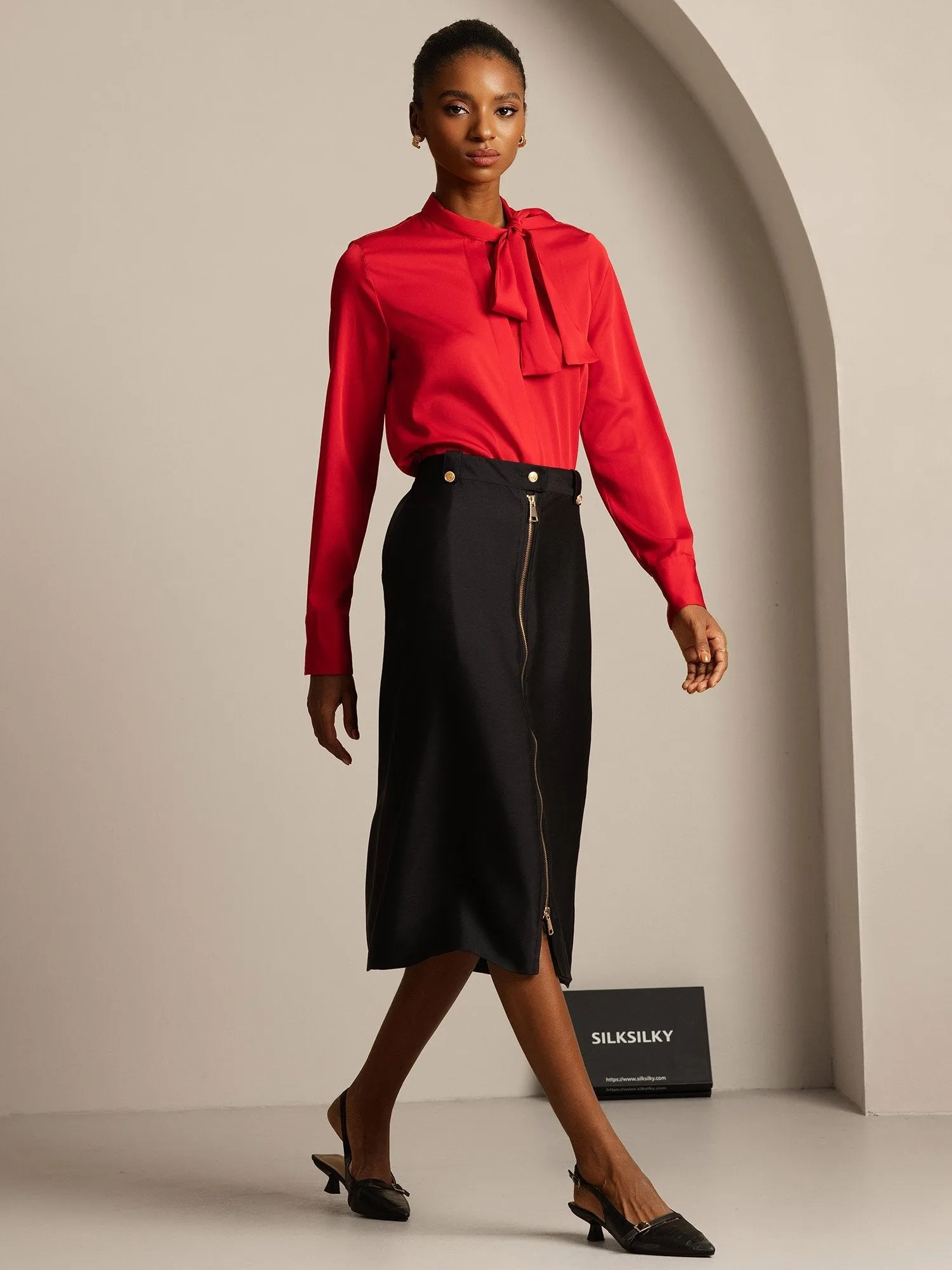 32Momme Silk-Wool Blend A Line Midi Skirt with Zipper Fully Lined Deign sold by SilkSilky product image thumbnail 3