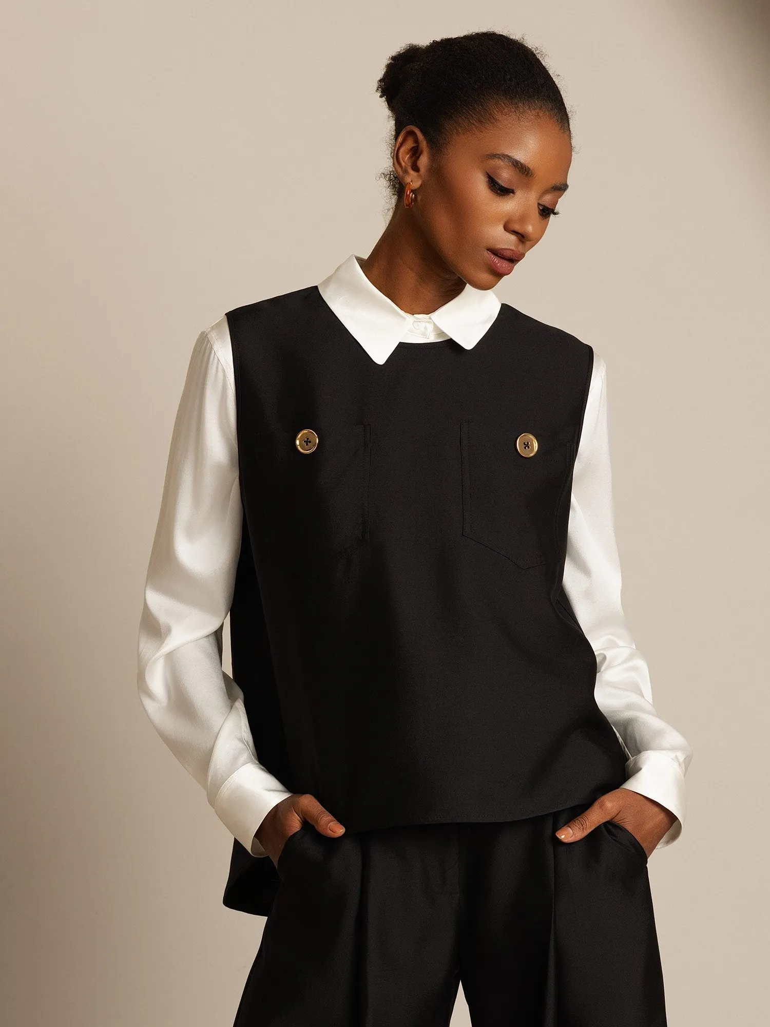 32Momme Silk-Wool Blend Women's Vest with Button Pocket Design sold by SilkSilky