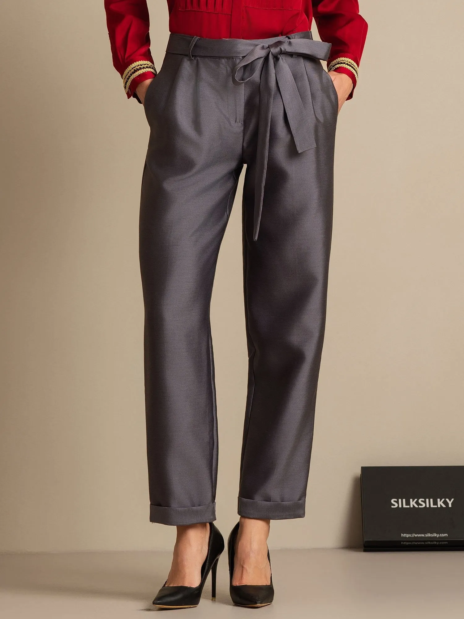 32Momme Silk-Wool Blend High Waist Tapered Cropped Women's Pants with Tie Waist Design sold by SilkSilky