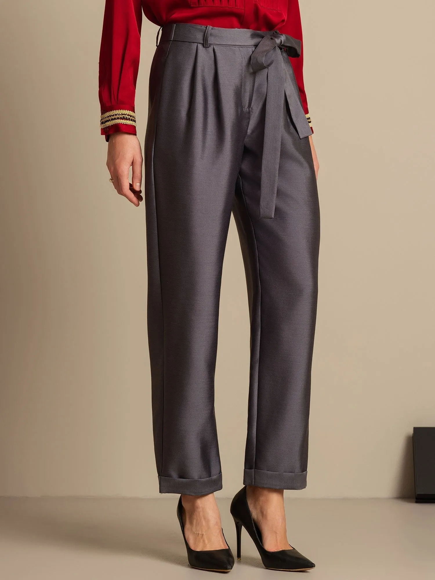 32Momme Silk-Wool Blend High Waist Tapered Cropped Women's Pants with Tie Waist Design sold by SilkSilky product image thumbnail 3