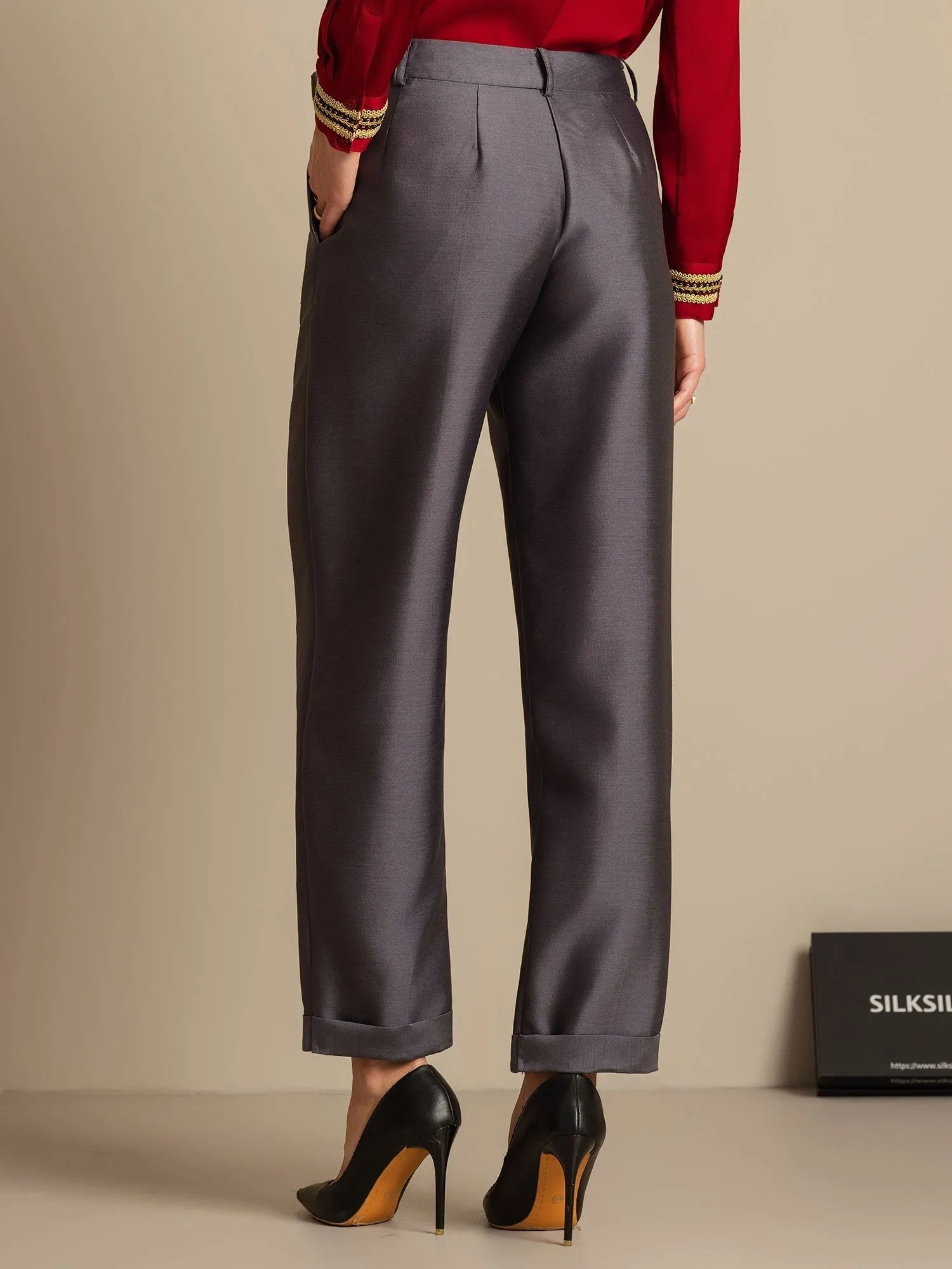 32Momme Silk-Wool Blend High Waist Tapered Cropped Women's Pants with Tie Waist Design sold by SilkSilky product image thumbnail 2