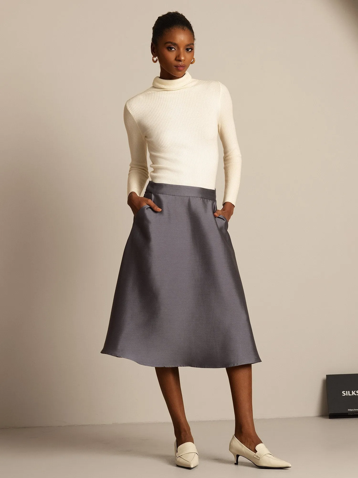 32Momme Silk-Wool Blend A Line Midi Skirt with Zipper Deign sold by SilkSilky product image thumbnail 5