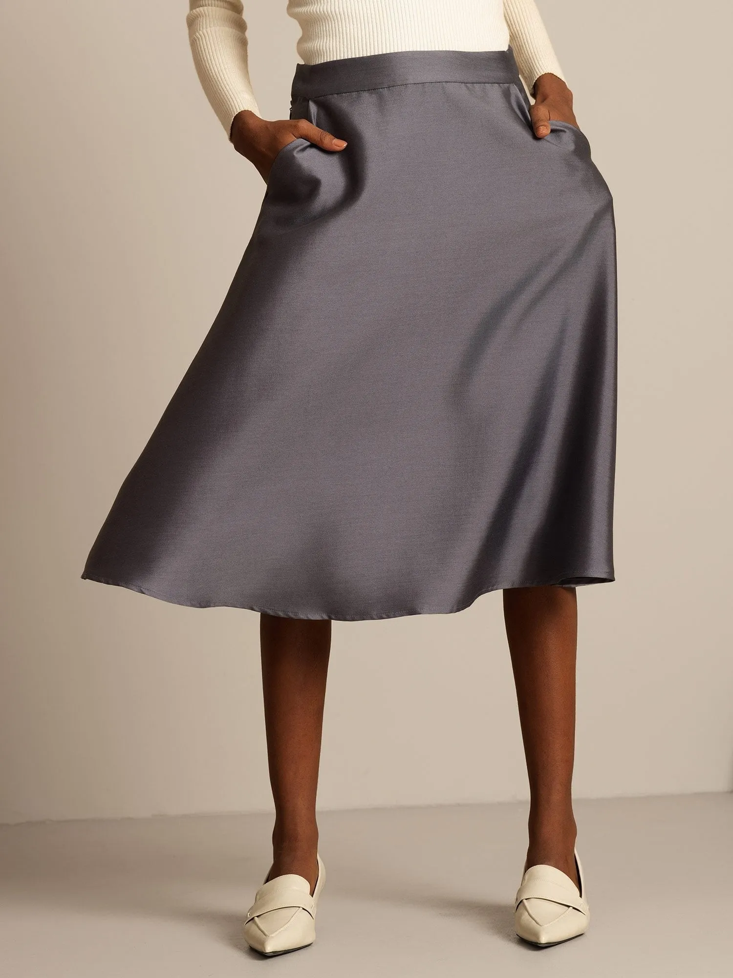 32Momme Silk-Wool Blend A Line Midi Skirt with Zipper Deign sold by SilkSilky product image thumbnail 3