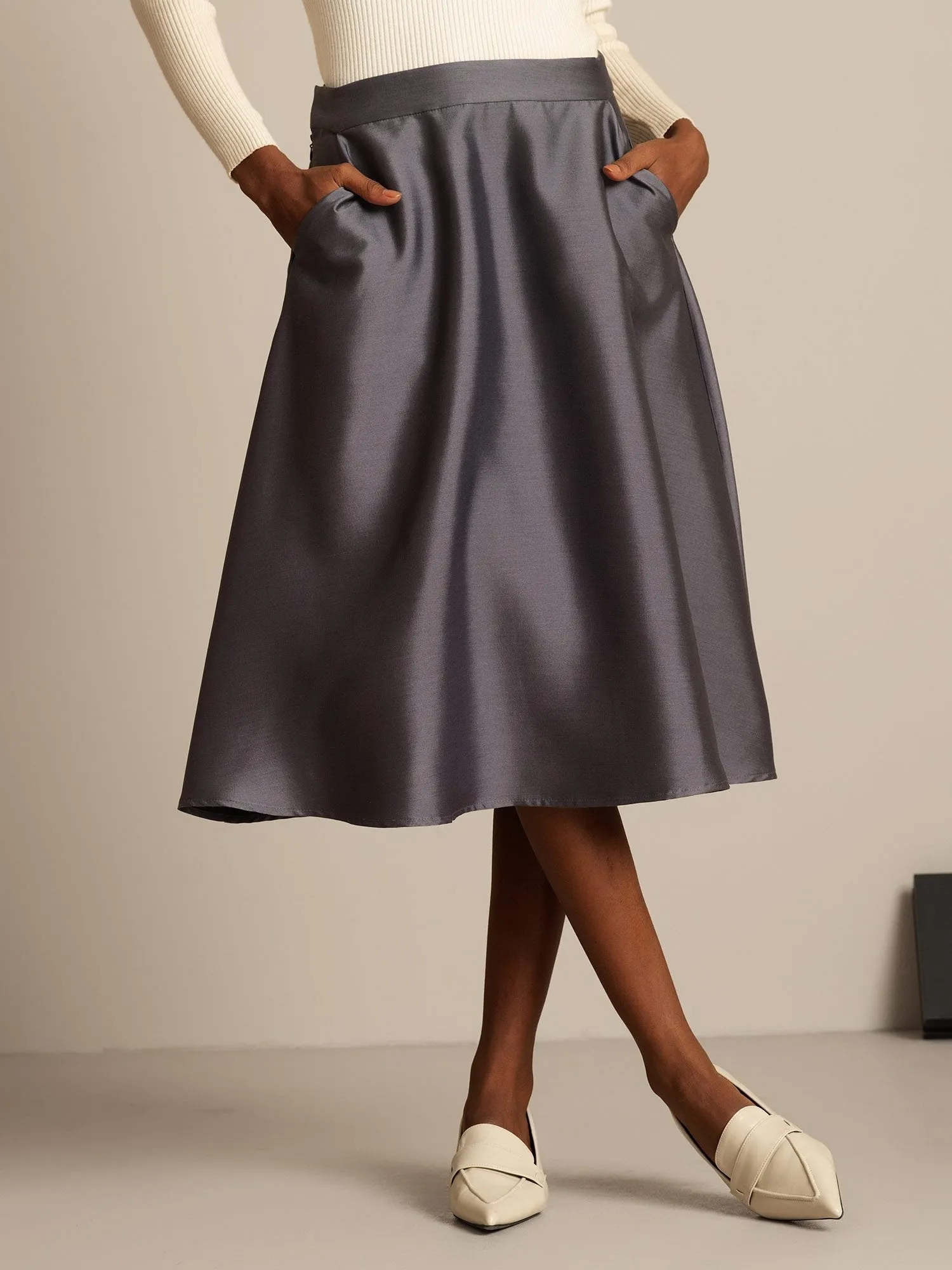 32Momme Silk-Wool Blend A Line Midi Skirt with Zipper Deign sold by SilkSilky