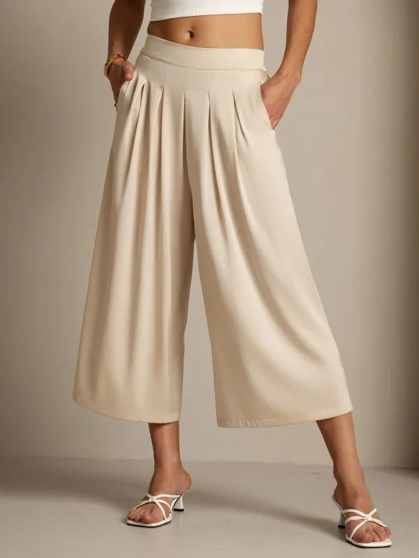Clearance - 19Momme Silk High Waist Wide Leg Capri Pleated Women's Pants with Elastic Waist sold by SilkSilky