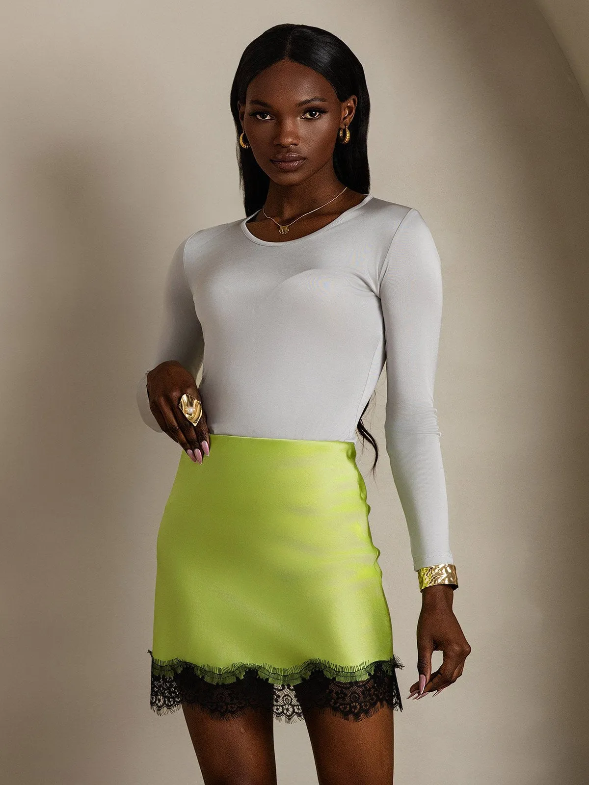 Clearance - 19Momme Silk Lace Straight Mini Skirt with Stretch Waist Design sold by SilkSilky product image thumbnail 3