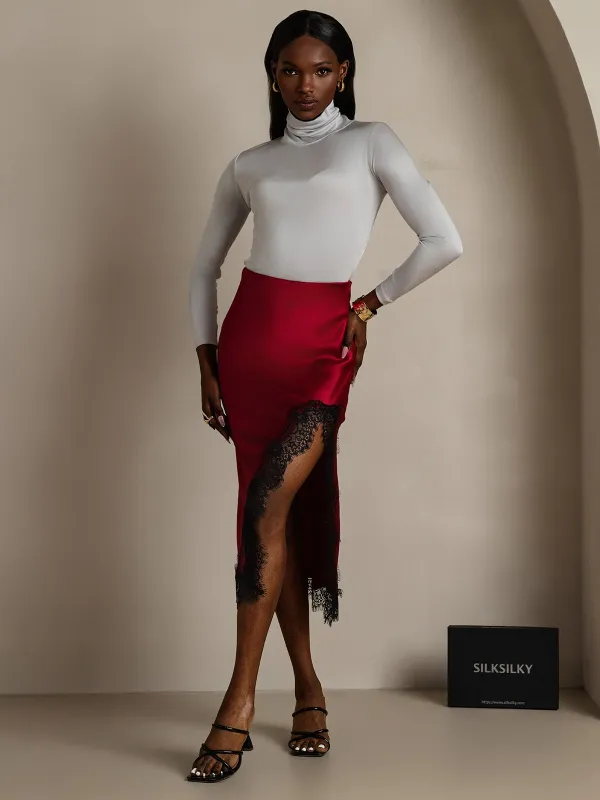 Clearance(US Warehouse) - 19Momme Silk Long Straight Lace Slit Skirt with Stretch Waist Design sold by SilkSilky