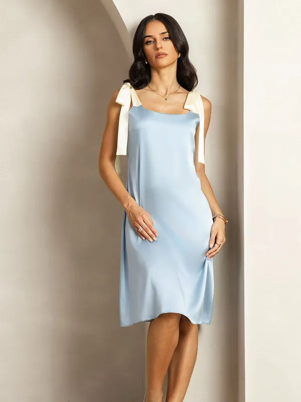 Clearance - 19Momme Silk Knee Dress with Adjustable Shoulder Ties sold by SilkSilky