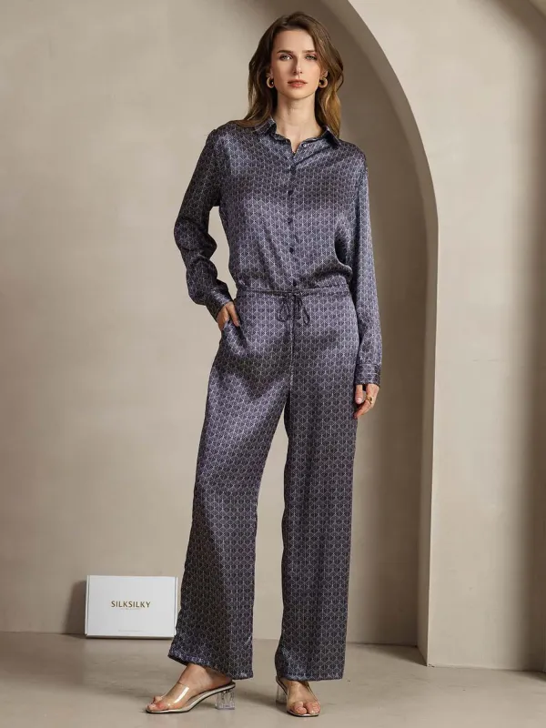 19Momme Silk Navy Ginkgo Print Button-Up Shirt & Wide-Leg Pants Set sold by SilkSilky