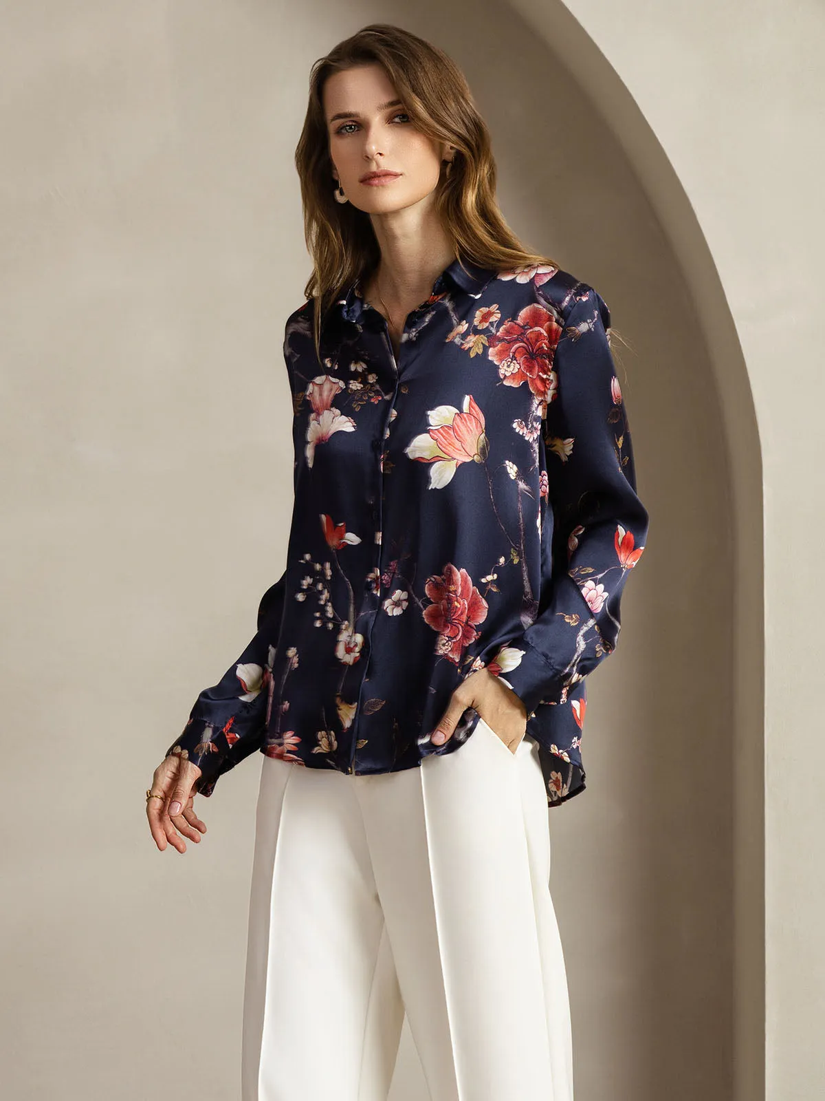 19Momme Silk Navy Floral Print Long Sleeve Lapel Collar Women's Shirt sold by SilkSilky product image thumbnail 4