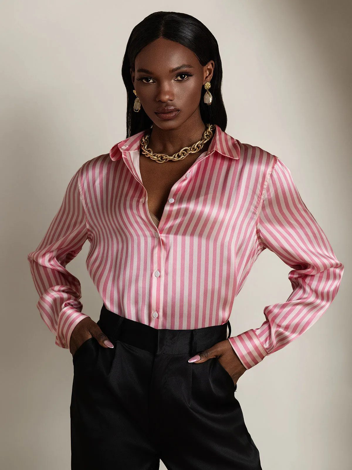 19Momme Silk Stripe Print Long Sleeve Lapel Collar Women's Shirt sold by SilkSilky product image thumbnail 5