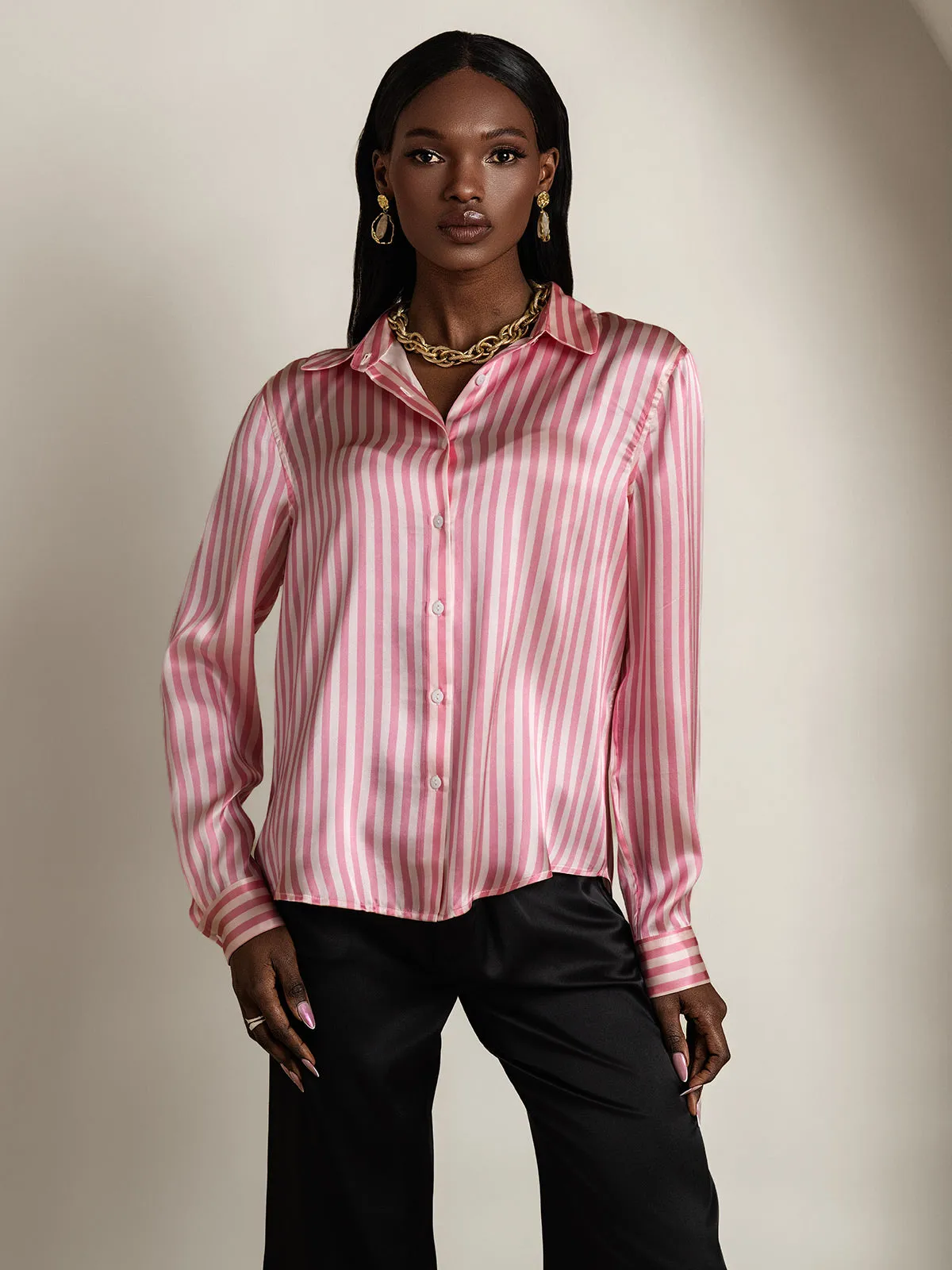 19Momme Silk Stripe Print Long Sleeve Lapel Collar Women's Shirt sold by SilkSilky product image thumbnail 4