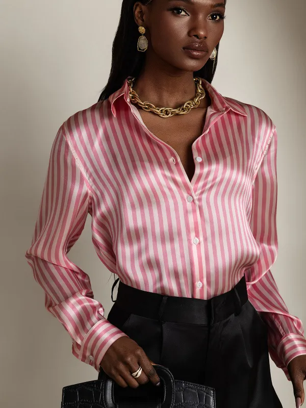19Momme Silk Stripe Print Long Sleeve Lapel Collar Women's Shirt sold by SilkSilky