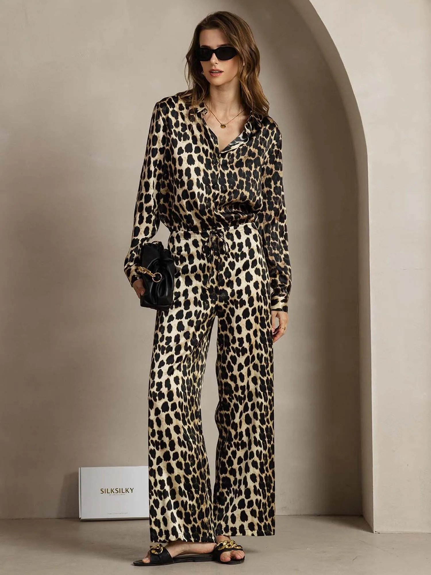 19Momme Women's Silk Leopard Print Button-Up Shirt & Wide-Leg Pants Set sold by SilkSilky product image thumbnail 5