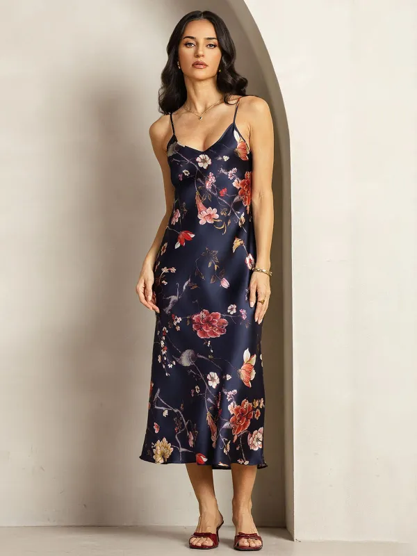 19Momme Silk Navy Floral Print V Neck Adjustable Strap Midi Dress sold by SilkSilky