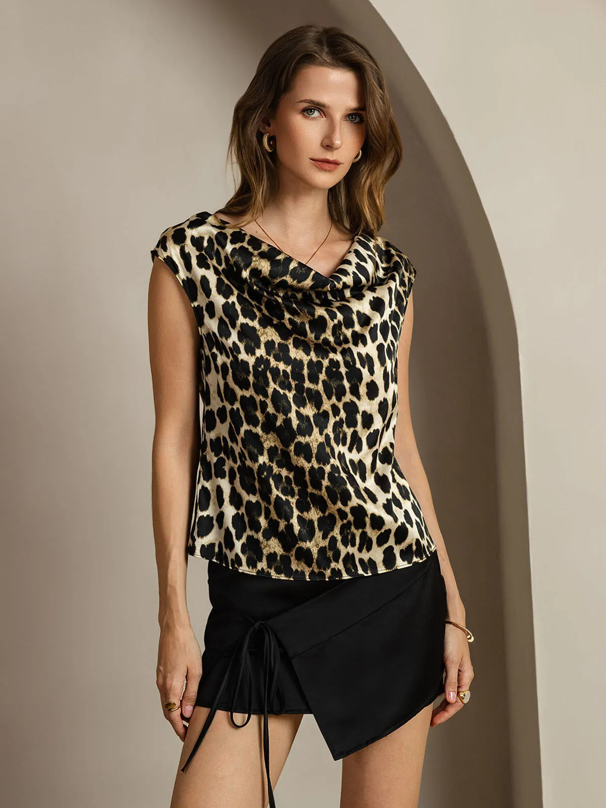 19Momme Silk Leopard Print Cap Sleeve Cowl Neck Women's Top sold by SilkSilky product image thumbnail 4