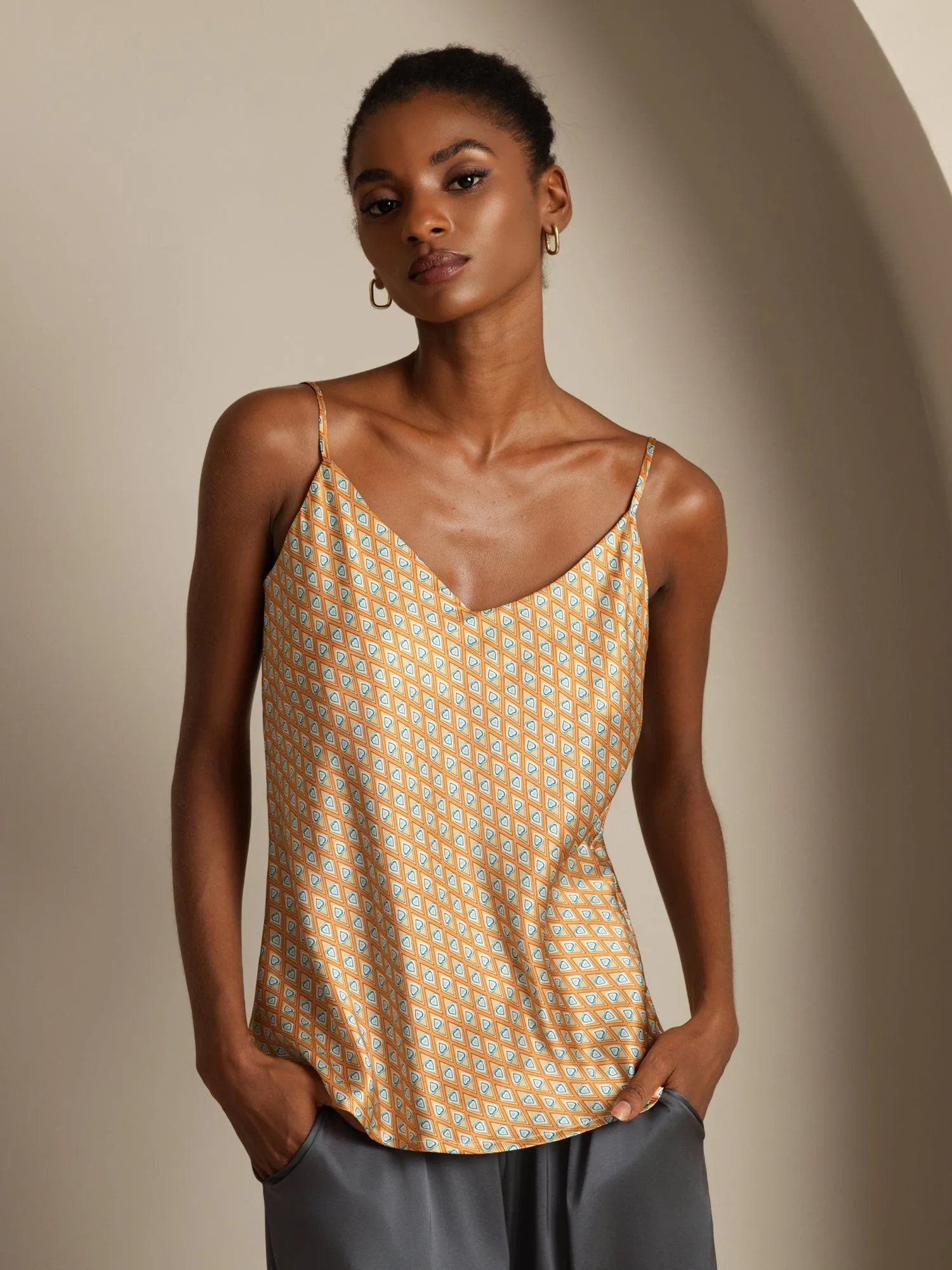 Pure Silk Geometric Print Spaghetti Strap V Neck Camisoles sold by SilkSilky