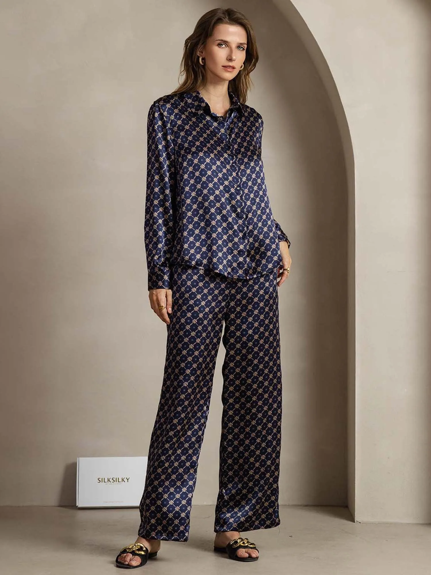 19Momme Women's Silk Navy Chain Print Button-Up Shirt & Wide-Leg Pants Set sold by SilkSilky